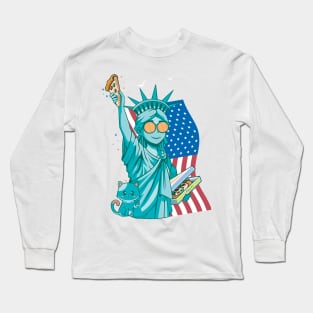 4th Of July, Statue of Liberty With U.S Flag and A lovely little Cat For National Pizza Day 2023 Long Sleeve T-Shirt
